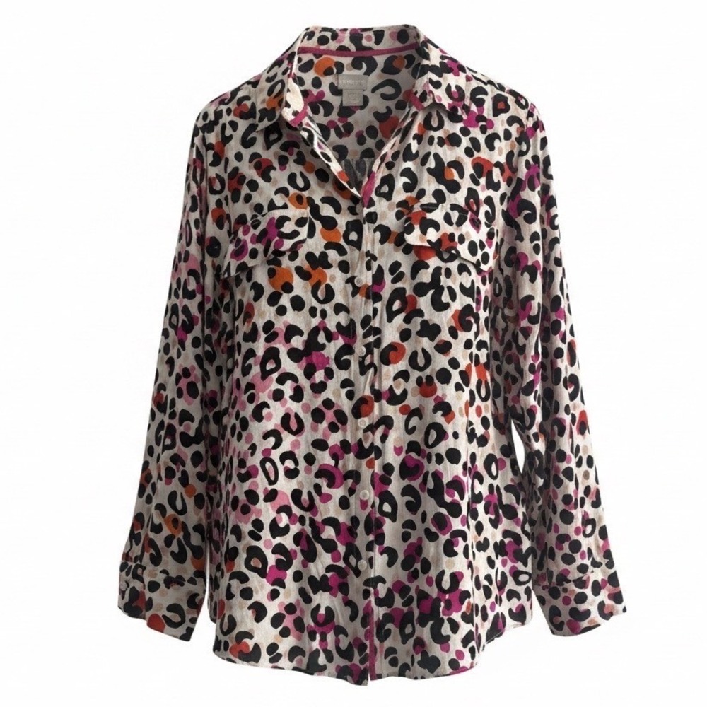 Chicos Multi Color Leopard Print Button Down Shirt Rayon Blouse Pink Orange Sz 3
